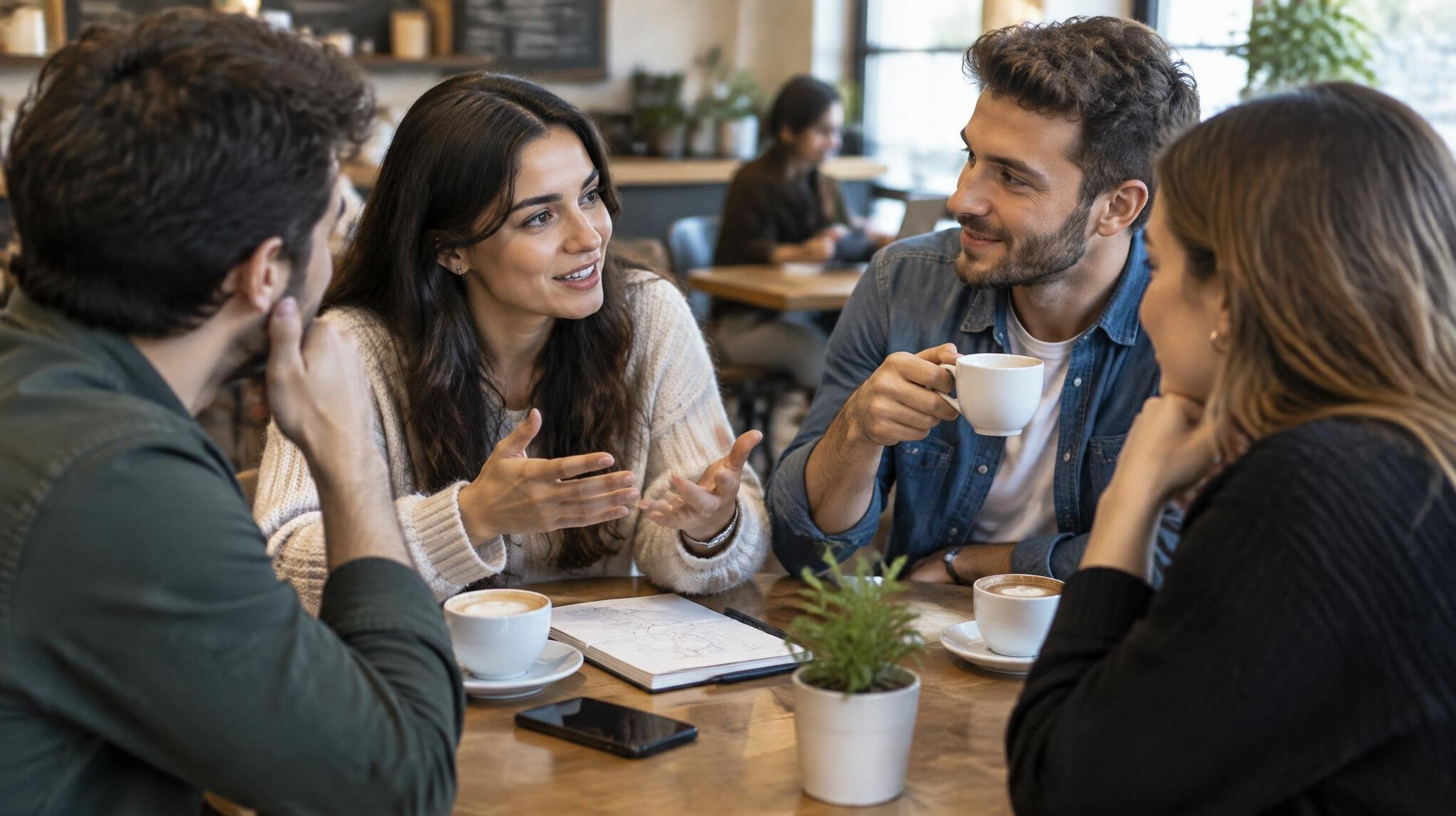 friends discussing plans at cafe